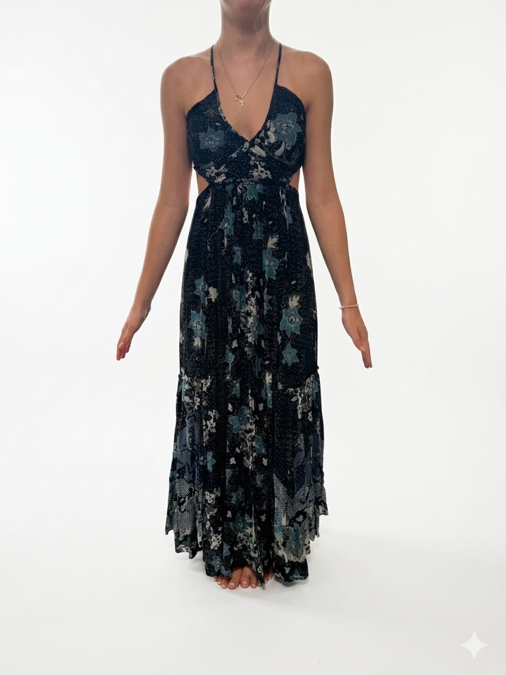 Free People Heat Wave Floral Halter Maxi Cutout Dress XS Boho Chic Resortwear